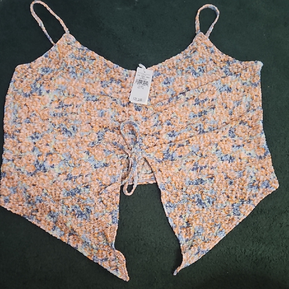 American Eagle Outfitters Peach and Blue Floral Smocked Tie-Front Cami